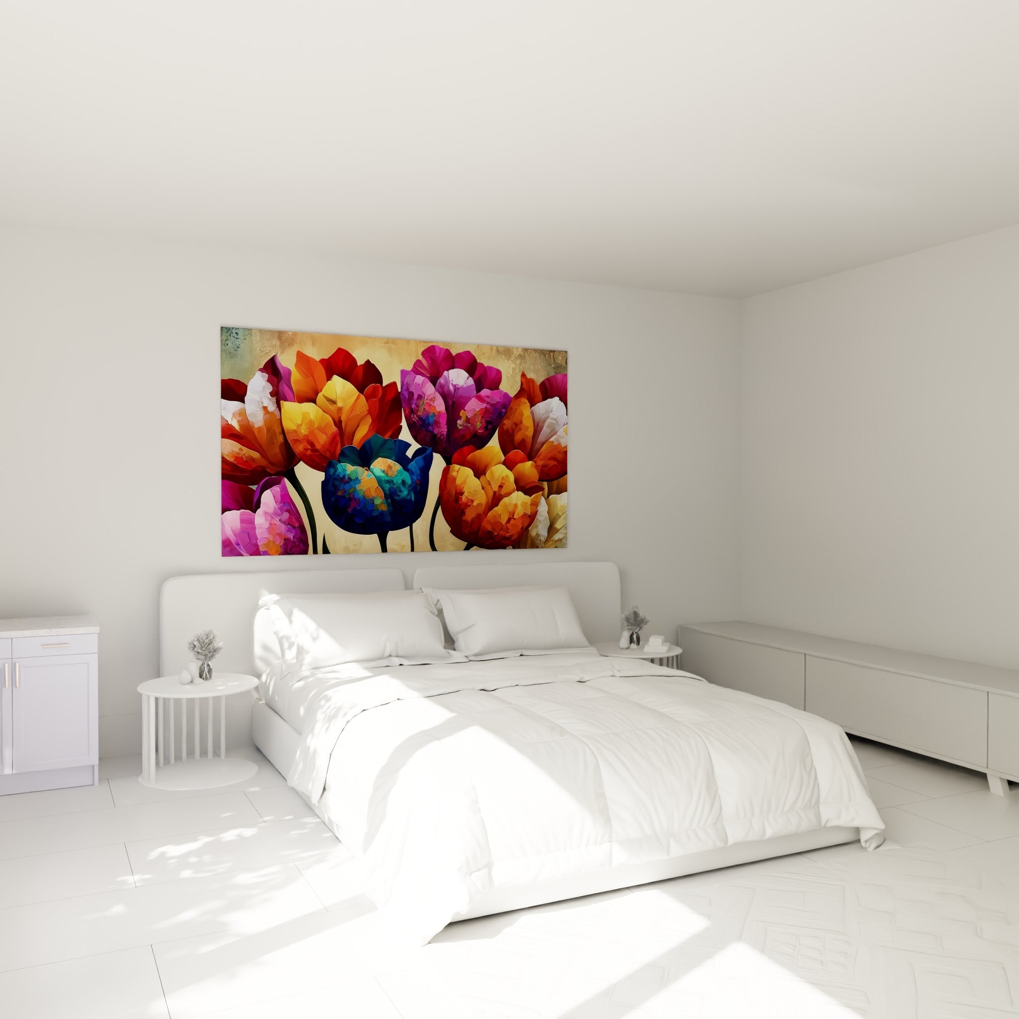 Bouquet de tulipes pourpres et fauve orange accroché au-dessus d'un lit dans une chambre claire