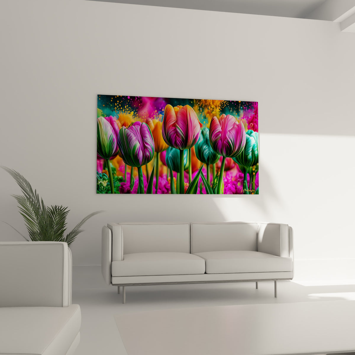 Fleurs magenta et vertes aux tiges élancées, tulipes colorées au-dessus d'un canapé dans un salon lumineux