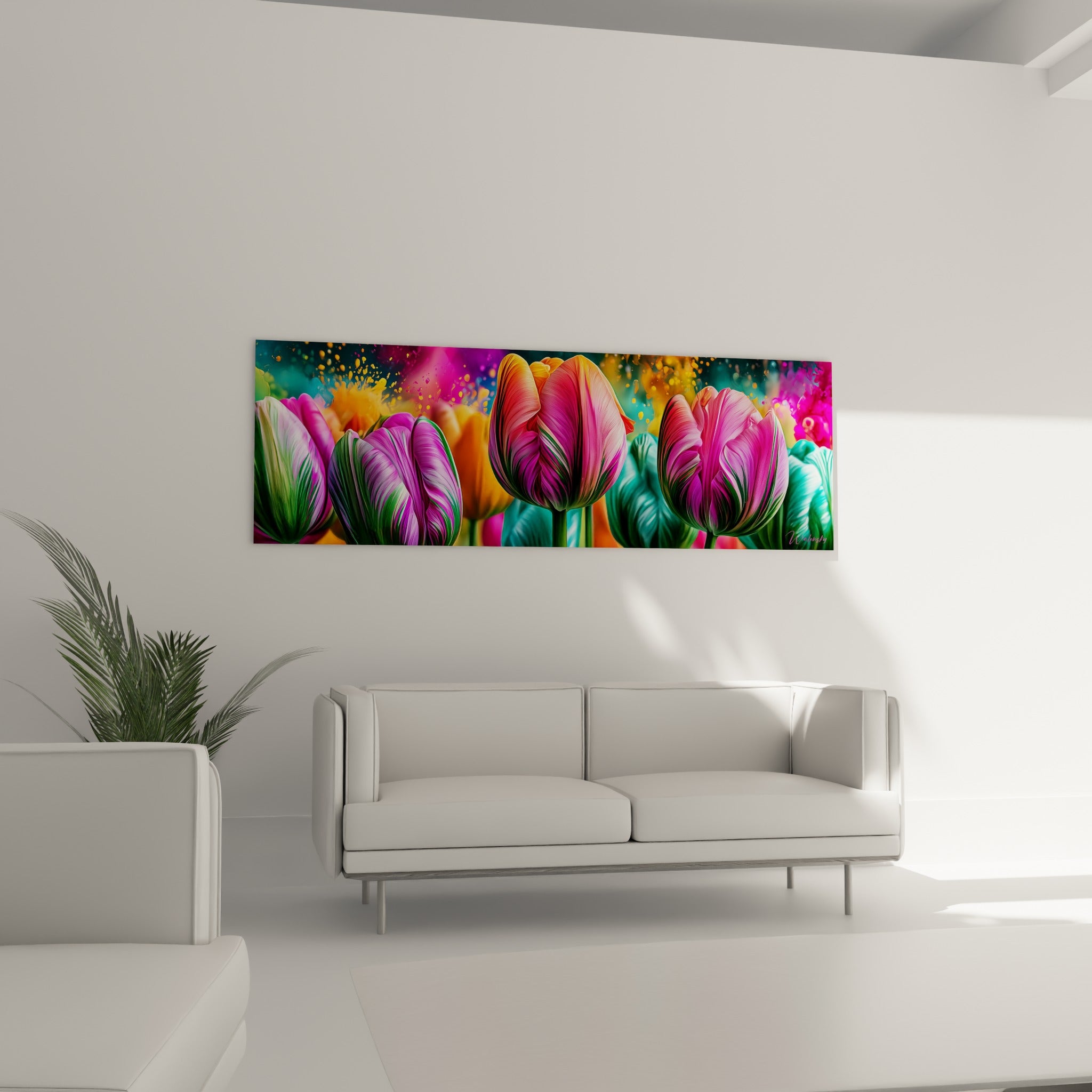 Fleurs de tulipe magenta et turquoise disposées au-dessus d'un canapé dans un salon lumineux
