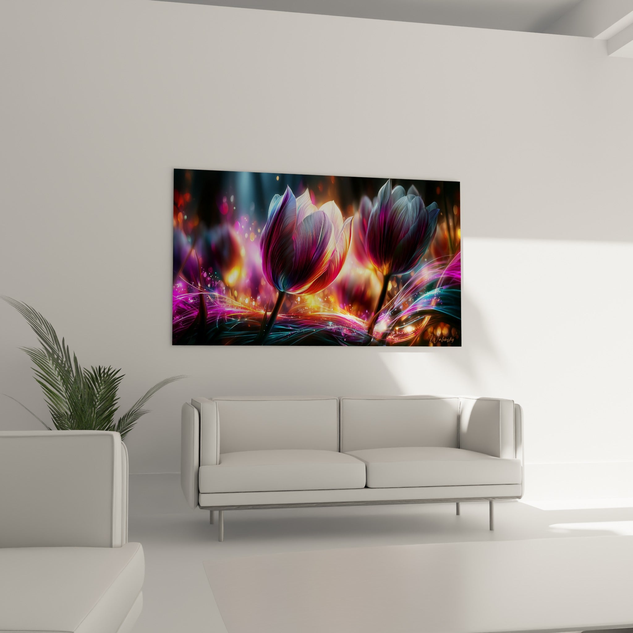 Fleurs violettes baignées de lumière dorée et turquoise disposées au-dessus d'un canapé dans un salon lumineux
