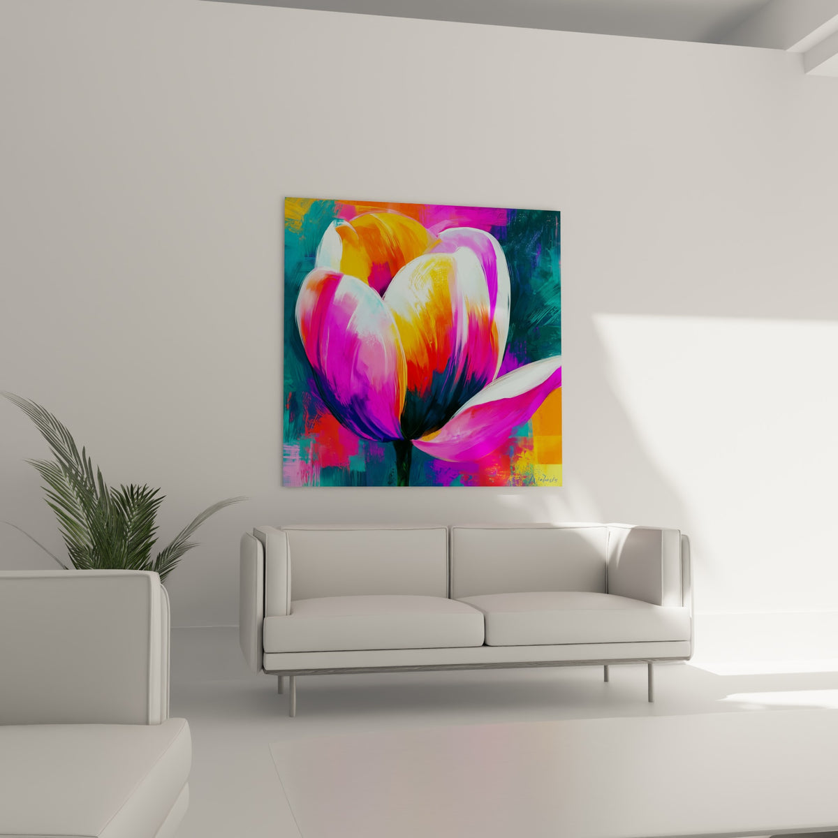 Fleur de tulipe turquoise et magenta déployée au-dessus d'un canapé dans un salon lumineux