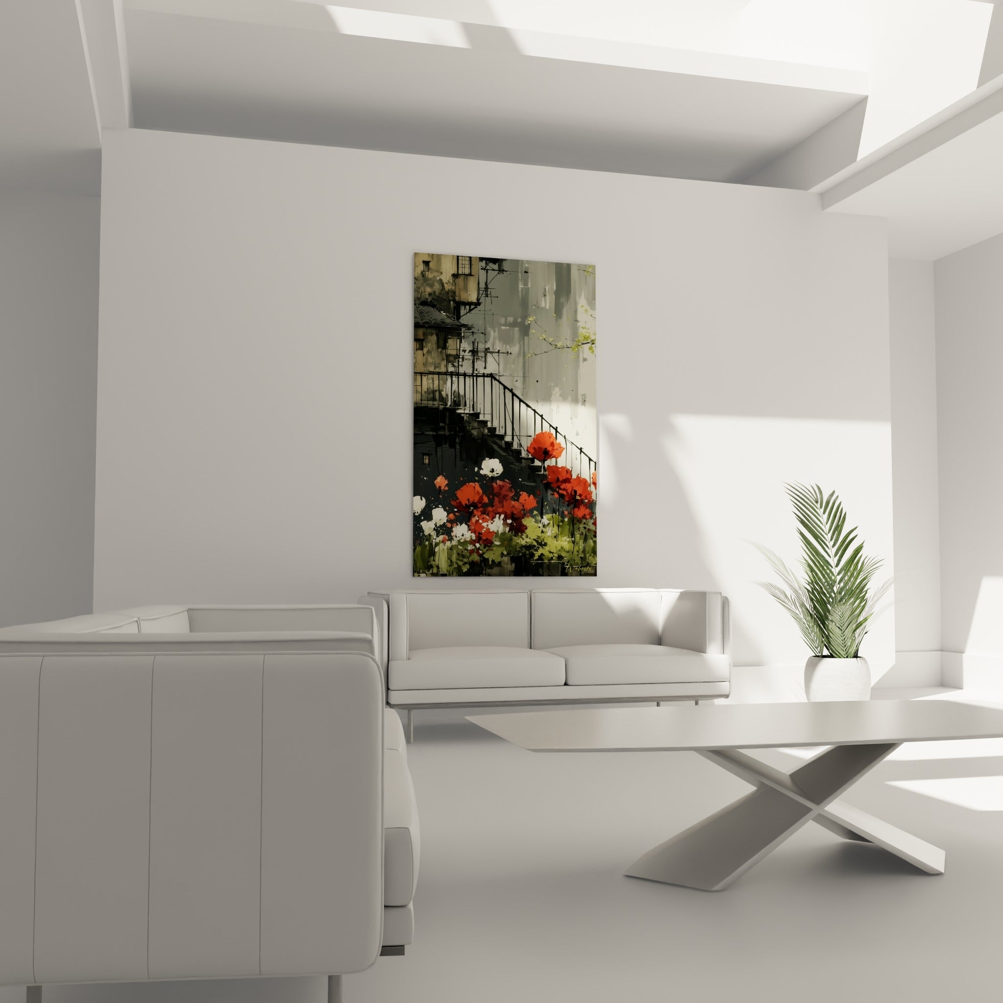 Fleurs rouges et blanches entourant un escalier gris accrochées au-dessus d'un canapé dans un salon lumineux