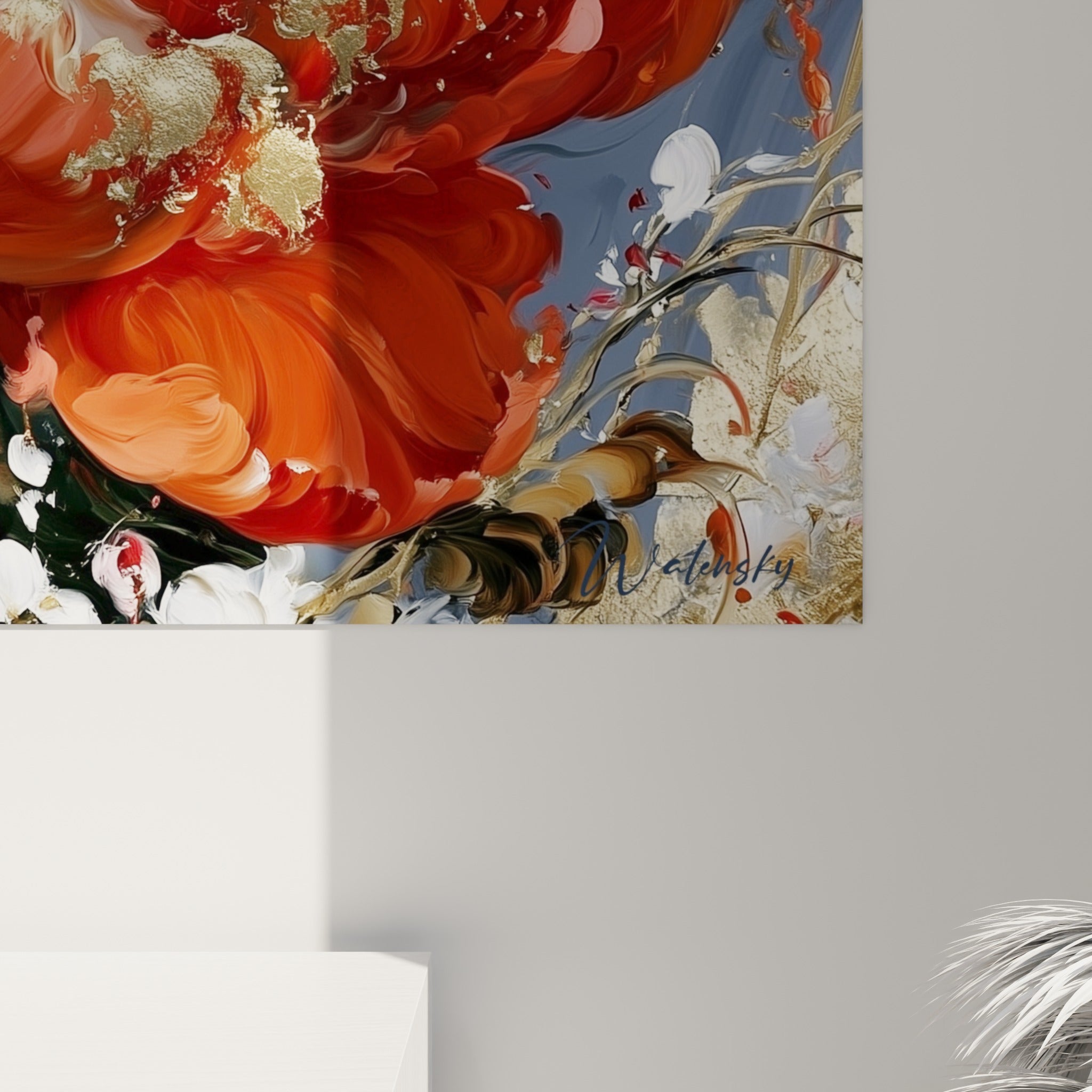 Matière épaisse et coulures dorées sur les pétales rouge orangé et blanc nacré de cette tulipe peinte