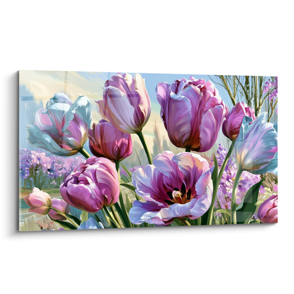 Tableau Tulipes mauves et bleu pâle au cœur noir - Bouquet ouvert au jardin - Edition Tulipe