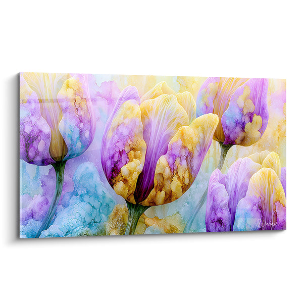 Gemälde Gelbe und Violette Tulpen mit Marmorierten Blütenblättern - Aquarell-Effekt - Tulpen-Edition