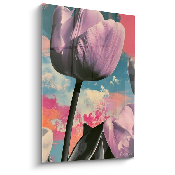 Cuadro Tulipán morado y coral en cielo pintado - Nubes abstractas en fondo - Edición Tulipán