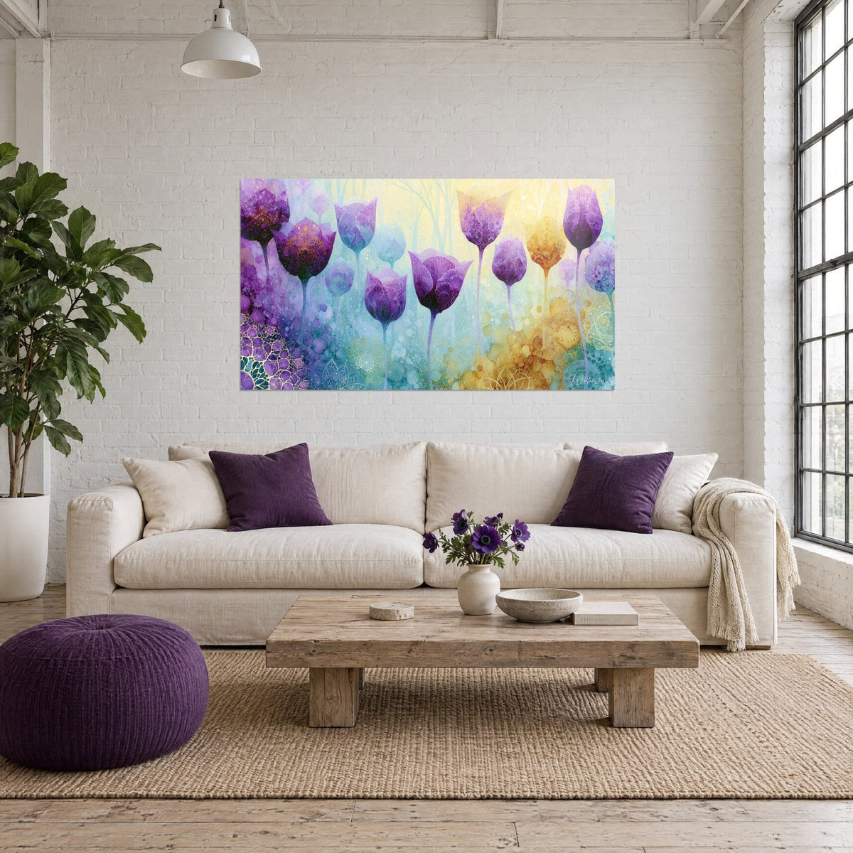 Wall art purple and turquoise tulips with gilded mandalas, enchanted undergrowth, above a sofa in a bright living room