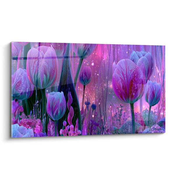 Tableau Tulipes mauves et bleu turquoise scintillantes - Jardin féerique nocturne - Edition Tulipe