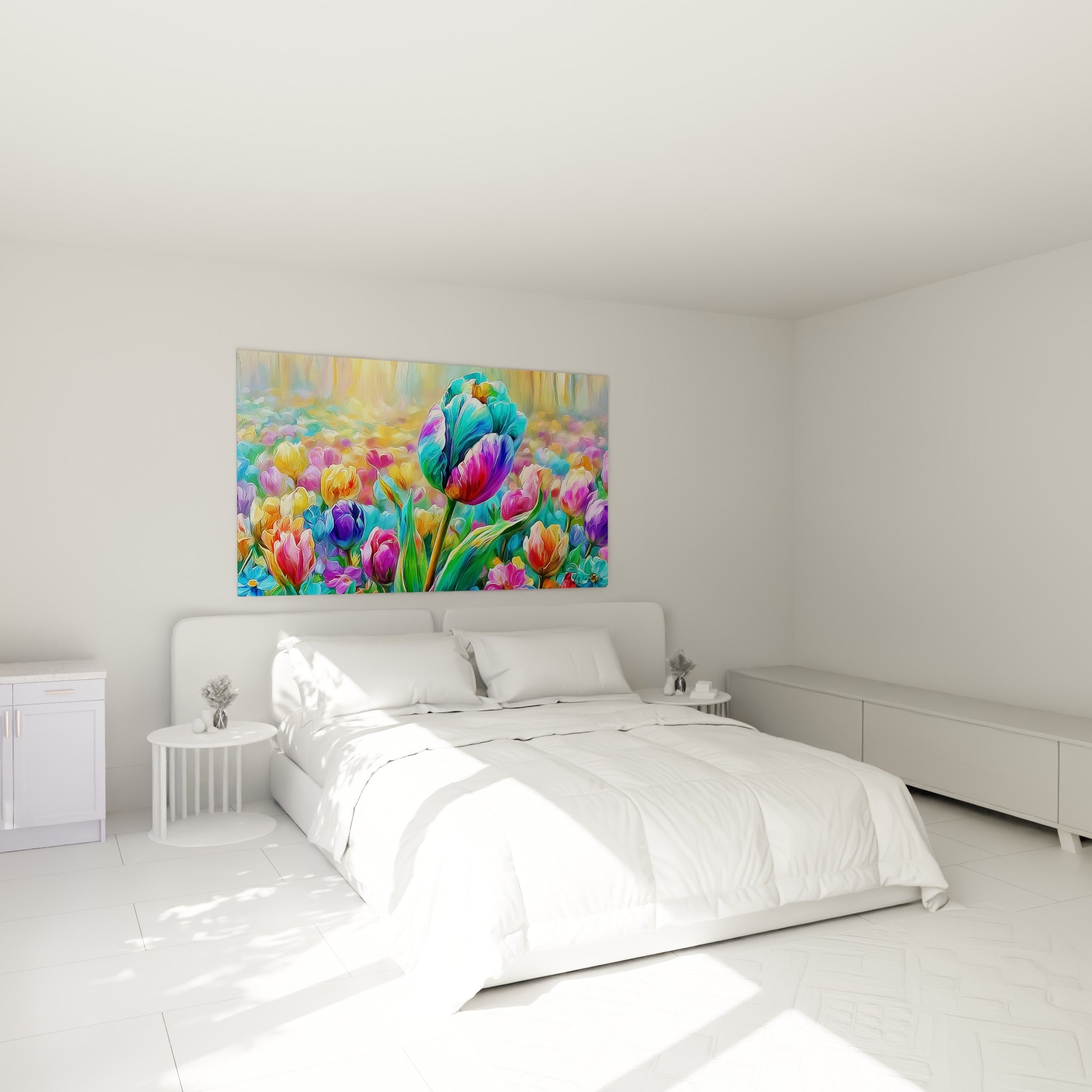 Tulipe multicolore aux pétales turquoise et roses accrochée au-dessus d'un lit dans une chambre claire