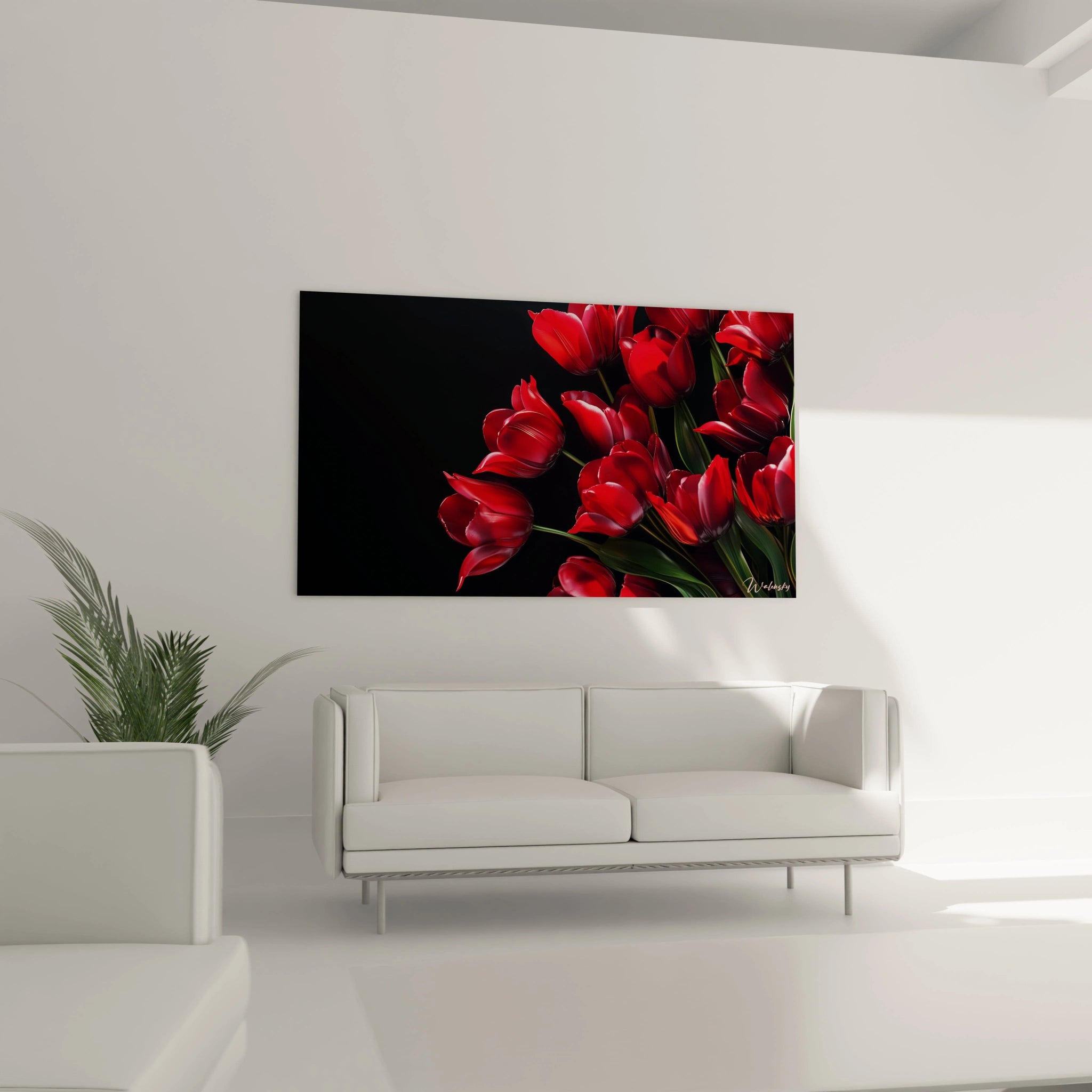 Un tableau Tulipe nature illustrant des tulipes aux pétales rouge vif et brillants, accompagnées de tiges vertes détaillées. Le fond sombre met en valeur les reflets et la structure florale.

