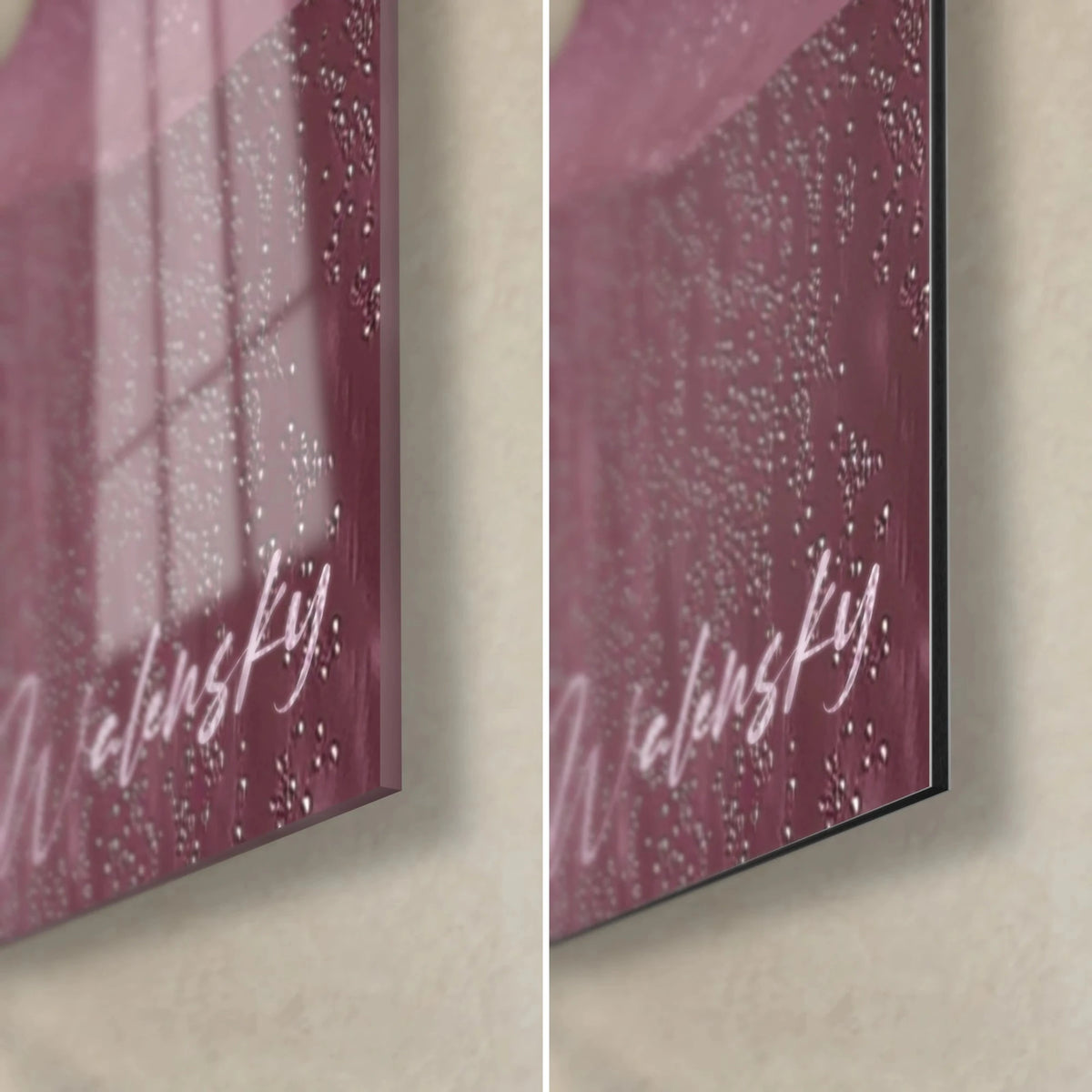Gemälde Tulpe in Nahaufnahme, untere rechte Ecke: glänzendes Glas mit Fensterspiegelungen, mattes Pflaumen-Dibond, schwarze 3-mm-Kante