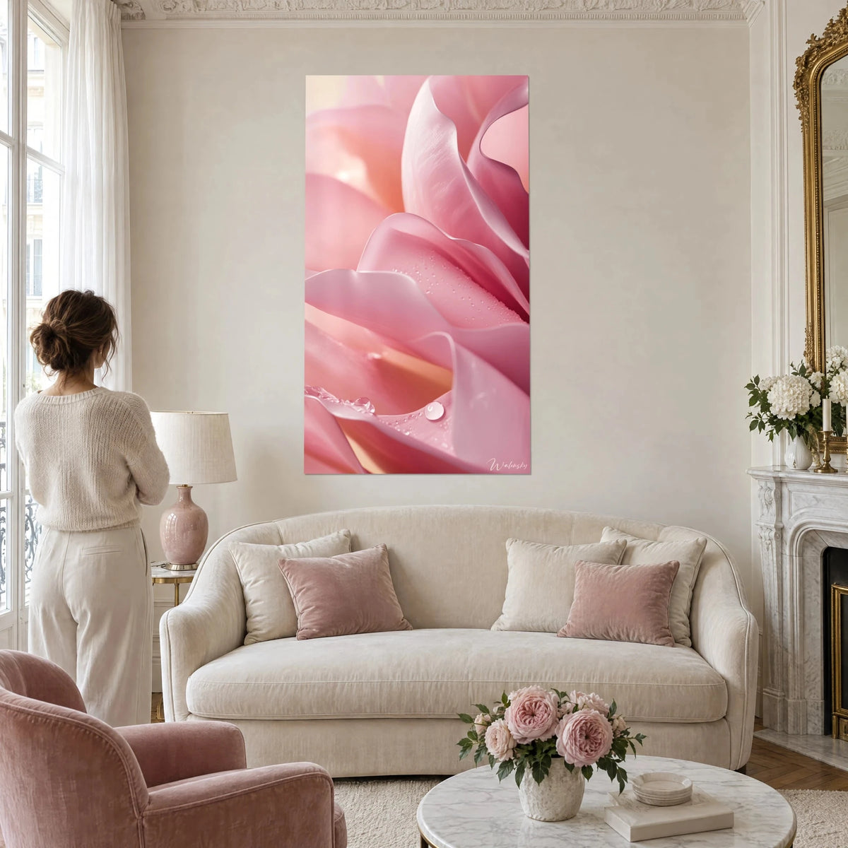 Quadro tulipano rosa cipria con petali ondulati e gocce di rugiada, toni pesca, donna di spalle sopra un divano in un soggiorno luminoso