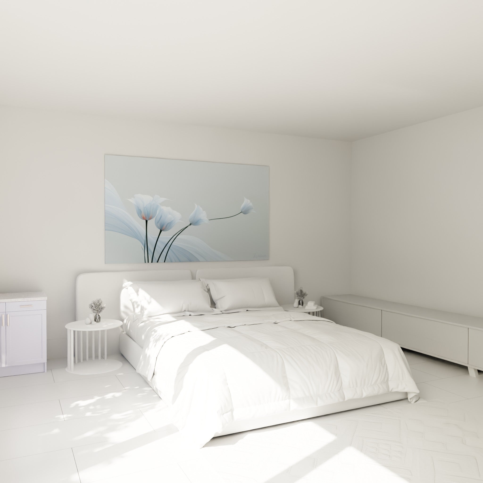 Tulipes blanc nacré et corail pâle flottent au-dessus d'un lit dans une chambre claire