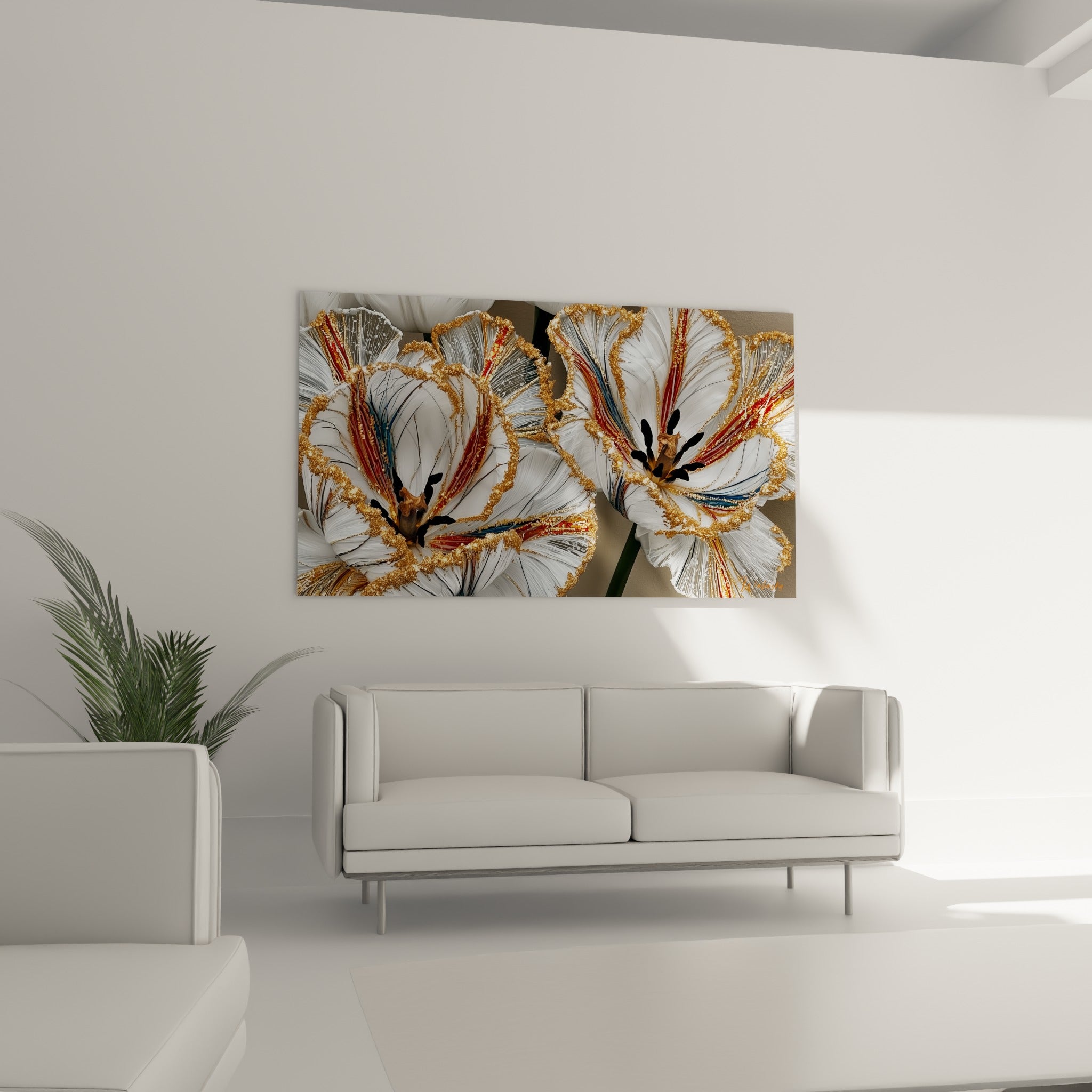 Fleurs nacrées aux contours dorés et pistils sombres, disposées au-dessus d'un canapé dans un salon lumineux