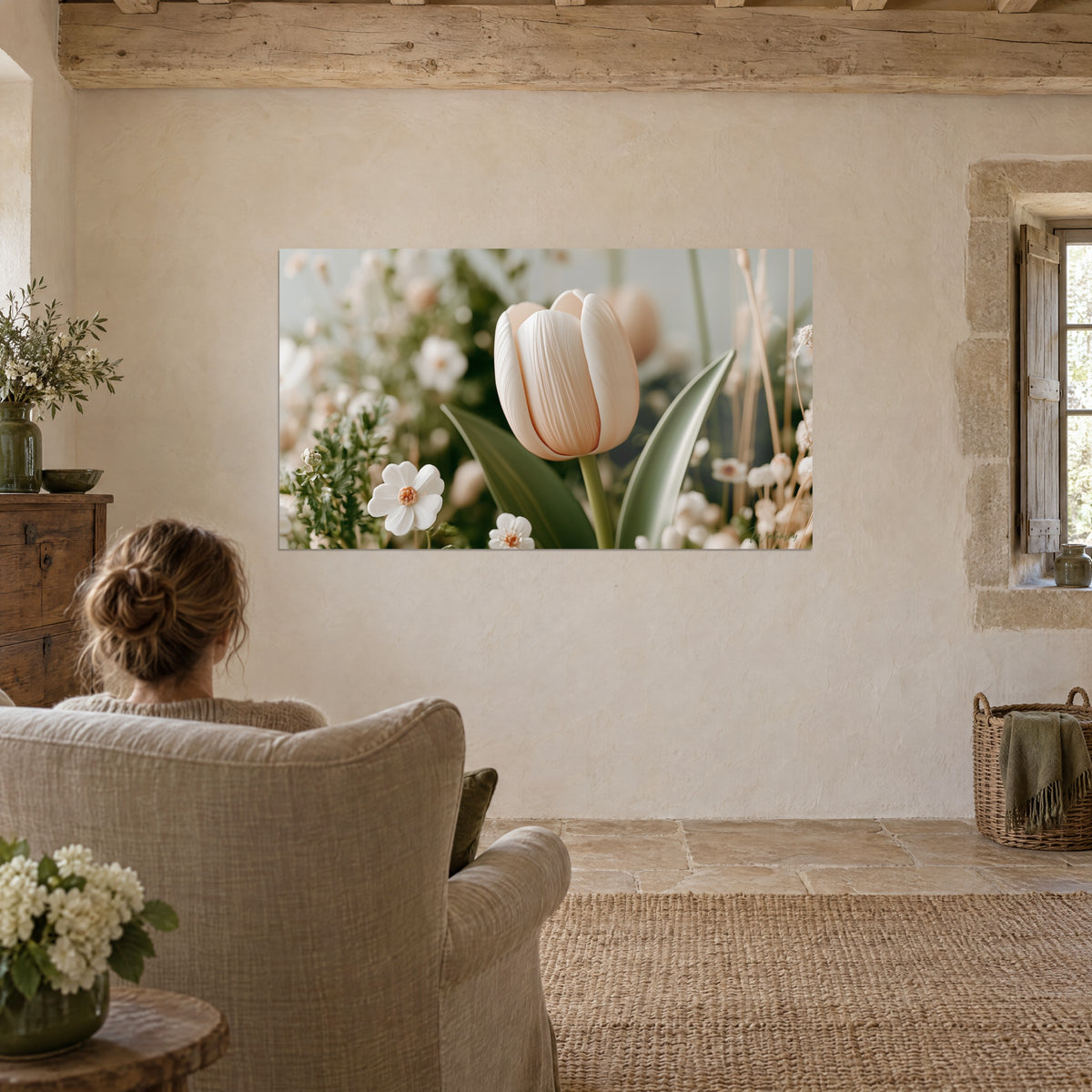 Tableau tulipe nacrée cernée de fleurettes blanches et d'herbes dorées, contemplé par une femme chignon dans un fauteuil de lin