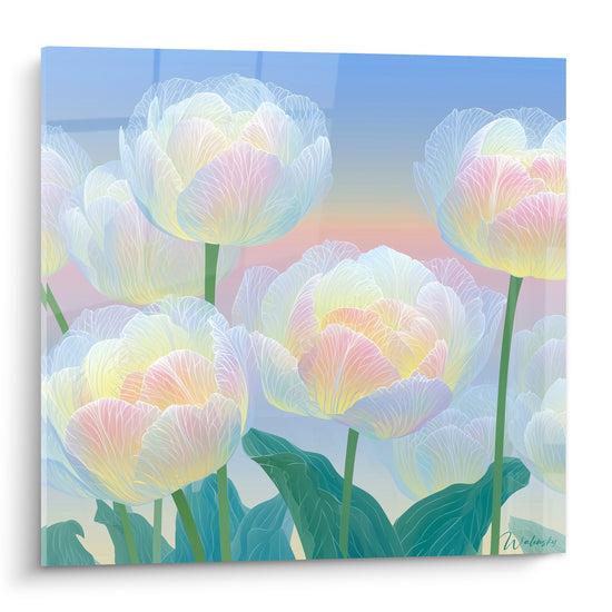 Tulipes nacrées aux pétales rose pastel et bleu ciel, style illustratif lumineux et délicat