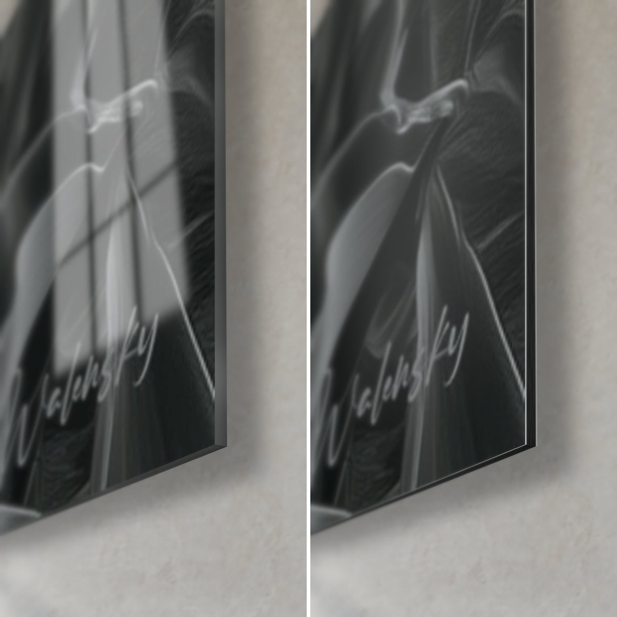 Quadro tulipano in toni di grigio e nero, angolo in basso a destra, vetro acrilico lucido con riflessi, alluminio Dibond opaco, spessore 3 mm