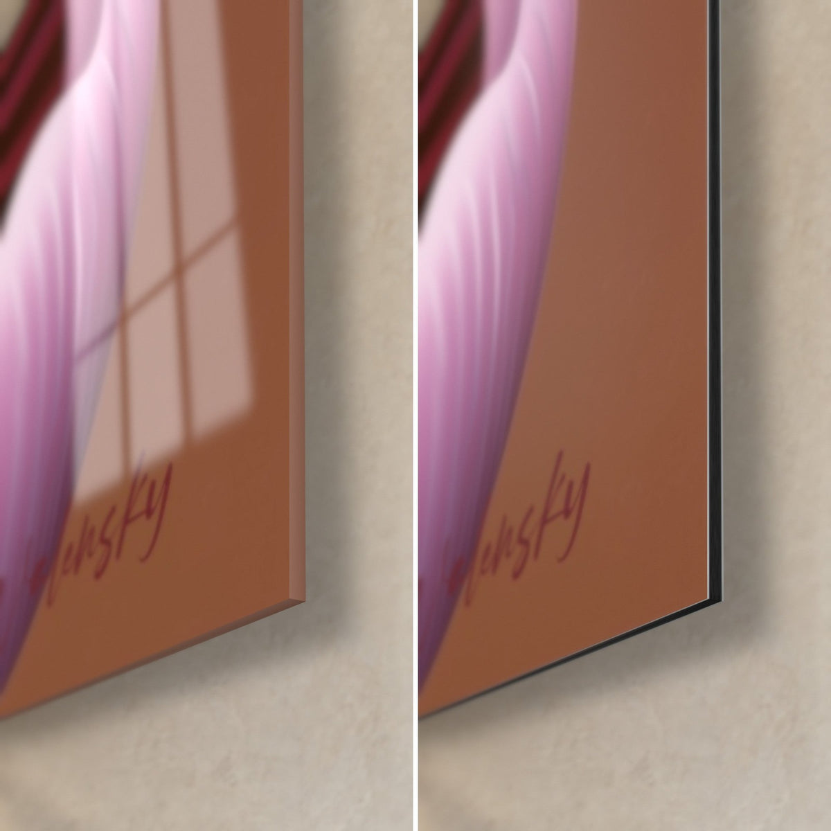 Wall art of a pink and burgundy flower corolla, bottom right corner: glossy acrylic glass with reflections and matte brown Dibond, 3 mm edge