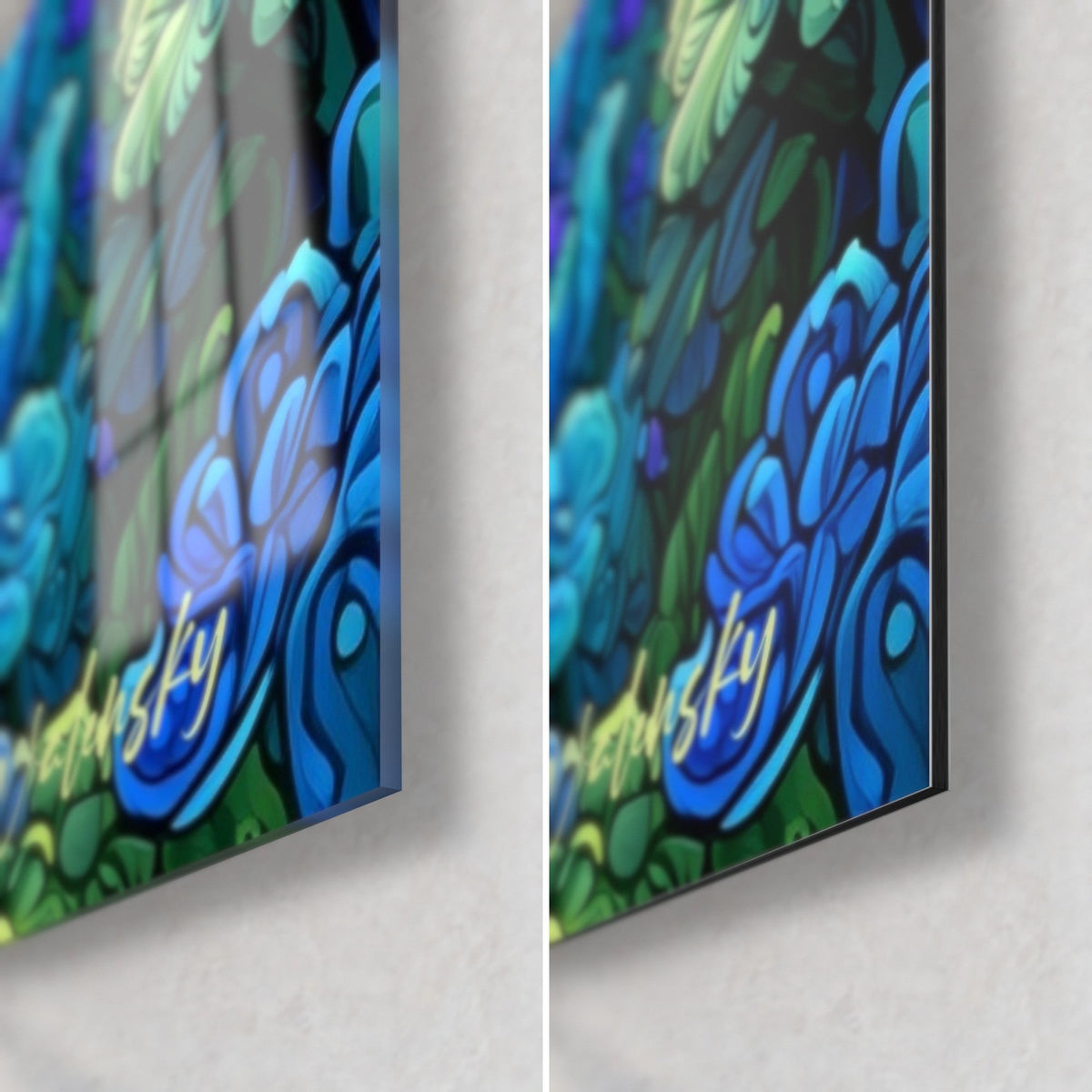 Wall art electric blue tulips, bottom right corner in glossy glass on the left and matte Dibond on the right, 3 mm edge