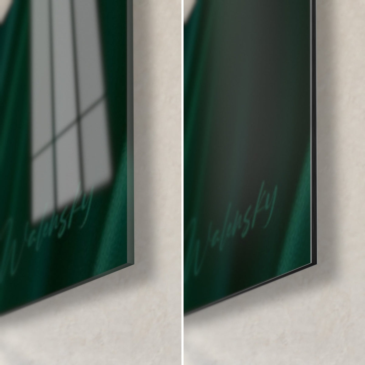 Schilderij van een paarse bloemkroon op een donkergroene achtergrond, rechtsonder: glanzend glas links, mat Dibond-aluminium rechts