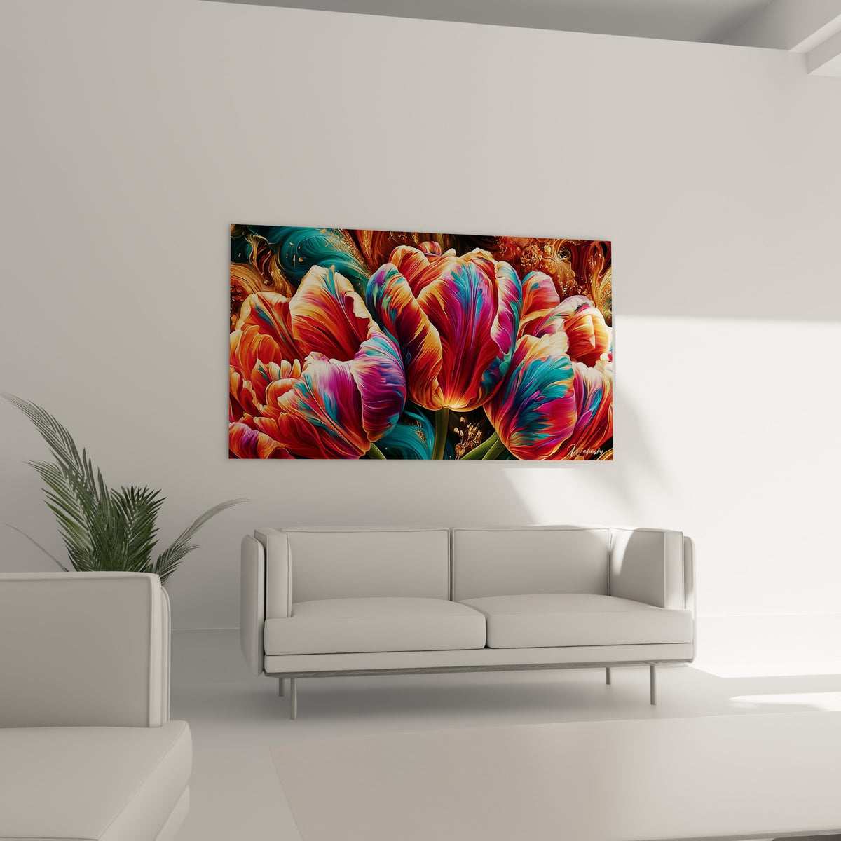 Pétales de tulipes magenta et dorés aux nervures colorées, disposés au-dessus d'un canapé dans un salon lumineux