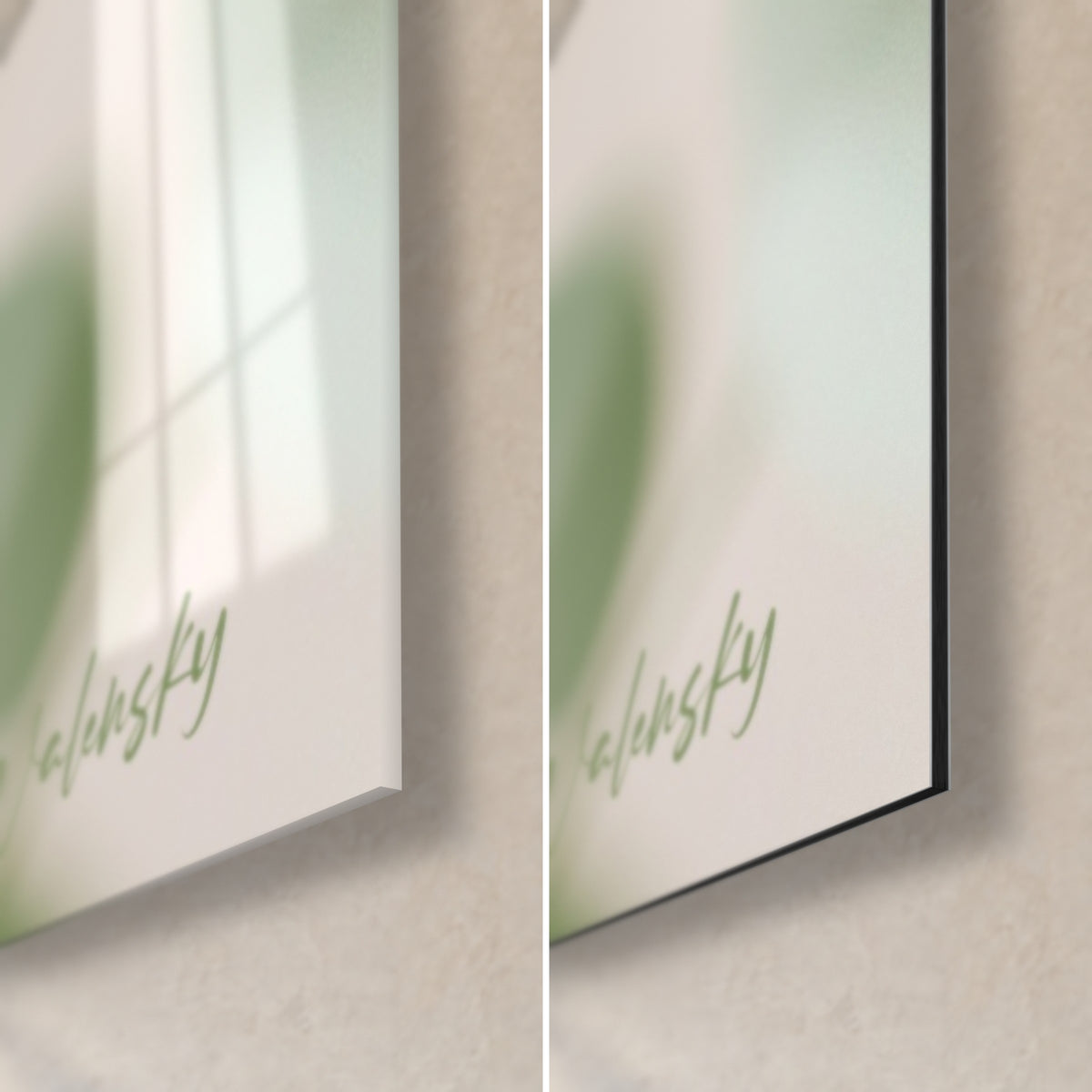 Quadro con tulipano rosa, angolo in basso a destra: vetro acrilico lucido a sinistra, alluminio Dibond nero opaco a destra, bordo sottile di 3 mm