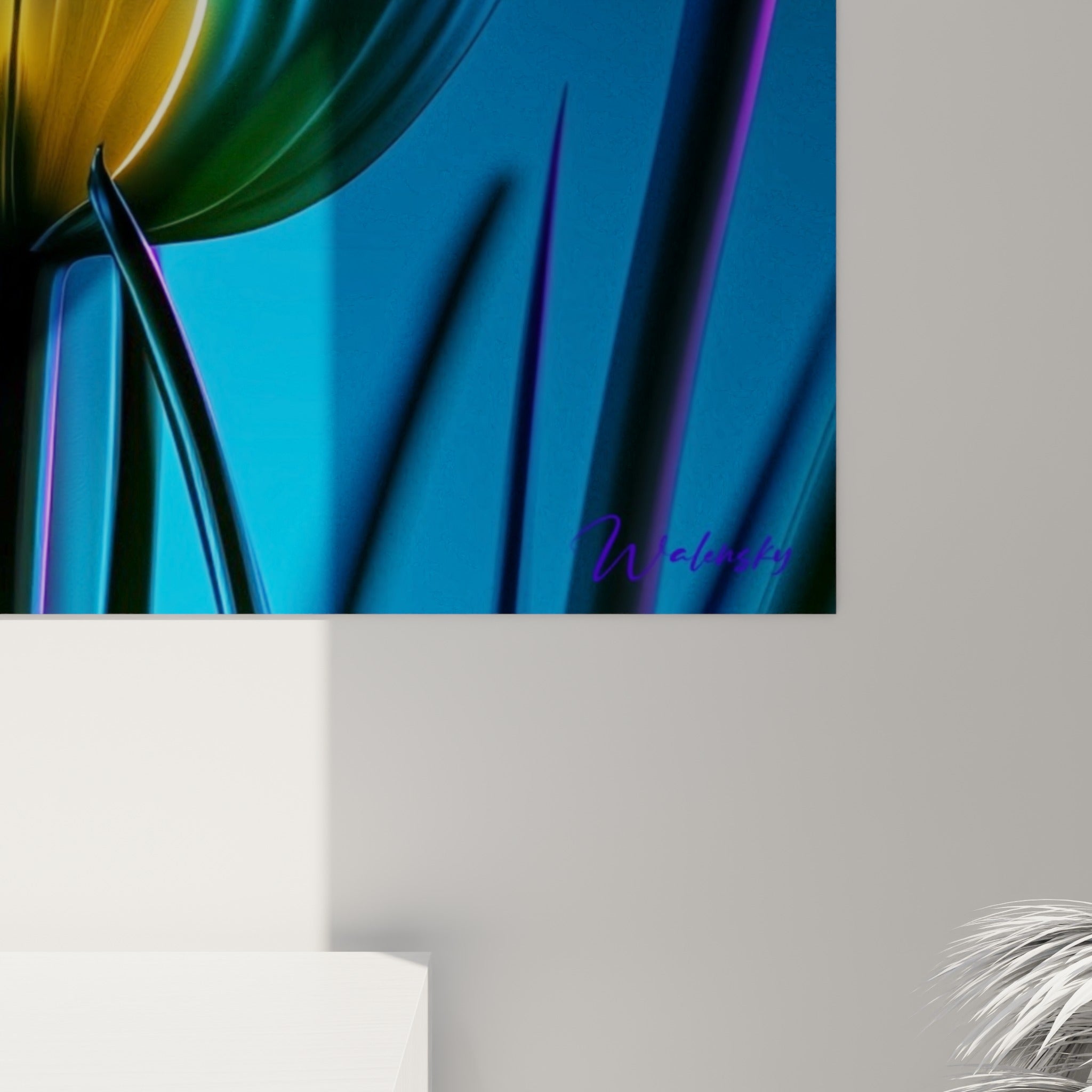 Nervures fines et lueur orange dorée du cœur de la tulipe bleu turquoise visibles en détail sur l'impression