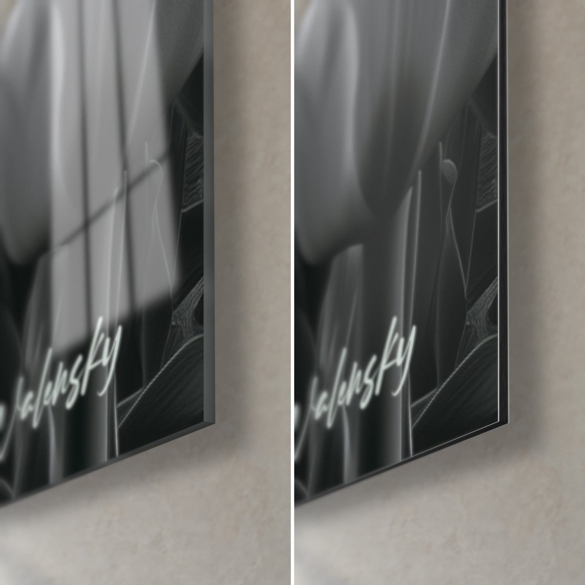 Schilderij witte tulpen, glanzende glashoek met reflecties en mat grijs Dibond rechtsonder, zwarte rand van 3 mm, handtekening Walensky