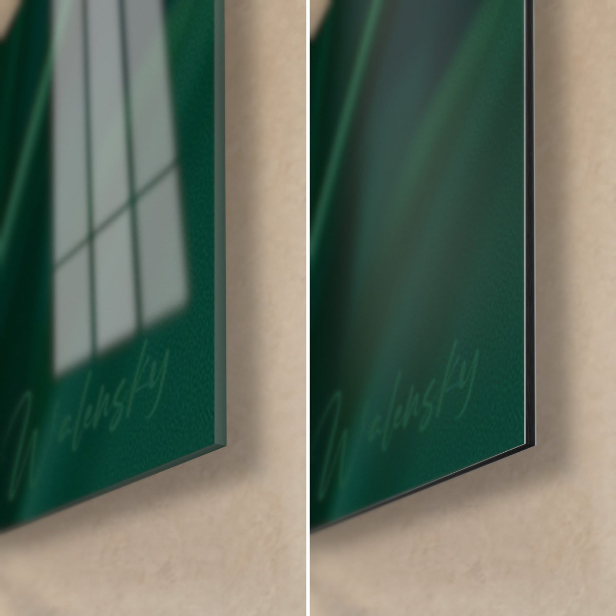 Tableau tulipe aux nervures irisées, coin bas droit : verre acrylique brillant à gauche, Dibond mat vert à droite