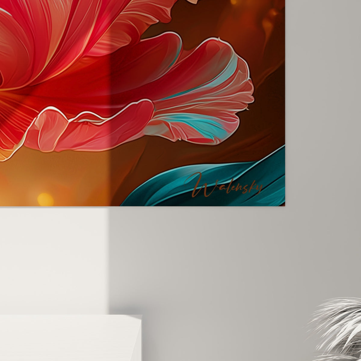 Pétales de tulipe rouge et turquoise pastel révélant nervures fines et lumière ambrée intérieure