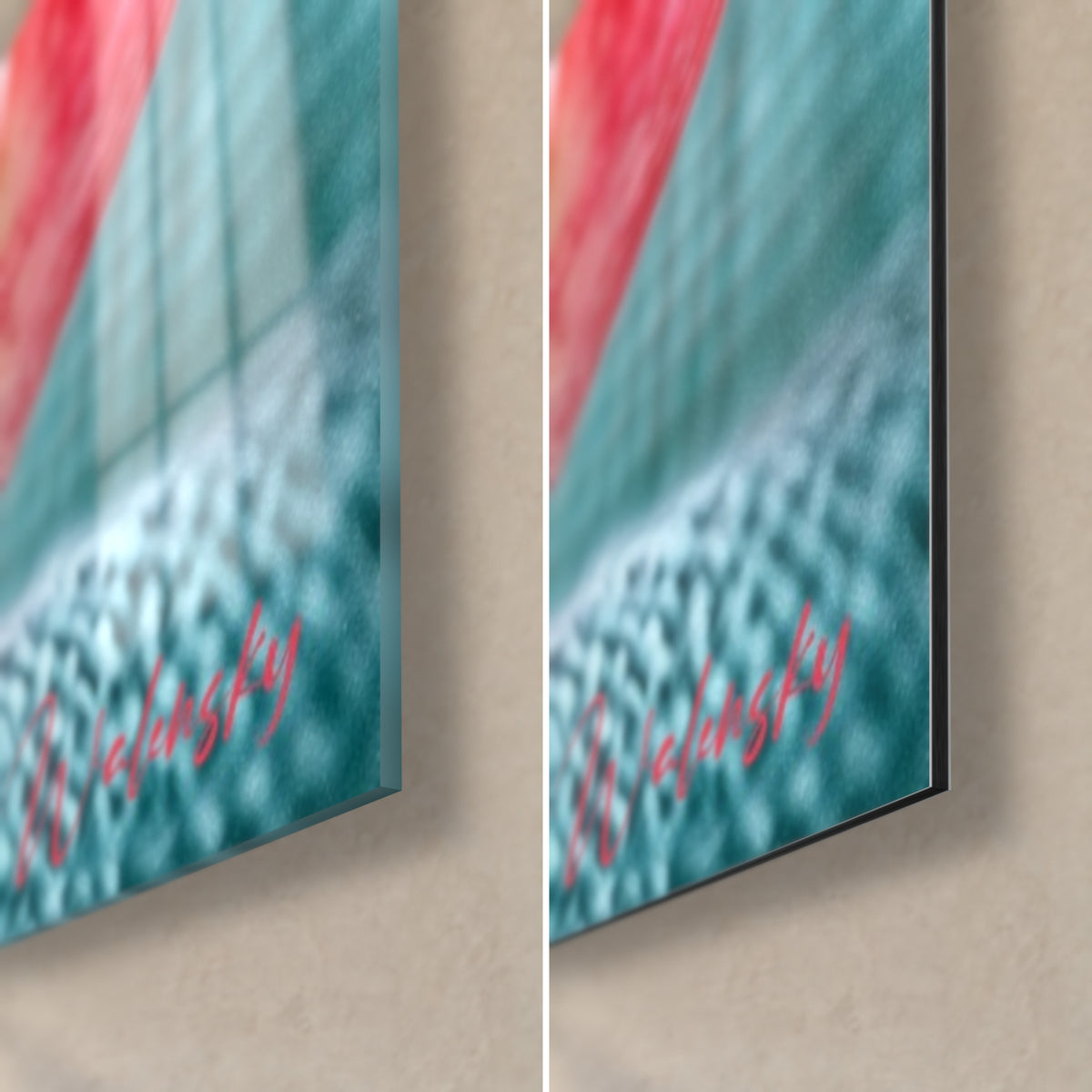 Wall art red and white tulip bud, bottom right corner: glossy acrylic glass with reflections, matte Dibond aluminium, 3 mm edge
