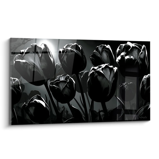 Tulipes noires en contre-jour, silhouettes profondes et blanc lumineux, composition graphique intense