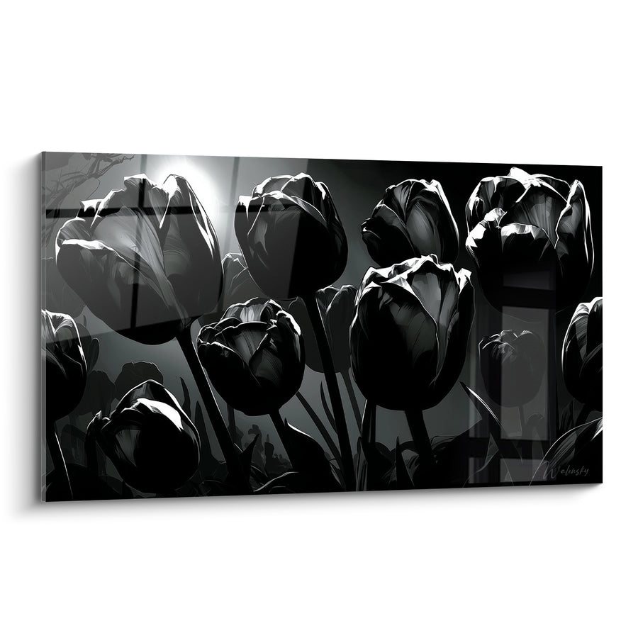 Tableau Tulipes noires et blanches à contre-jour - Éveil silencieux - Edition Tulipe