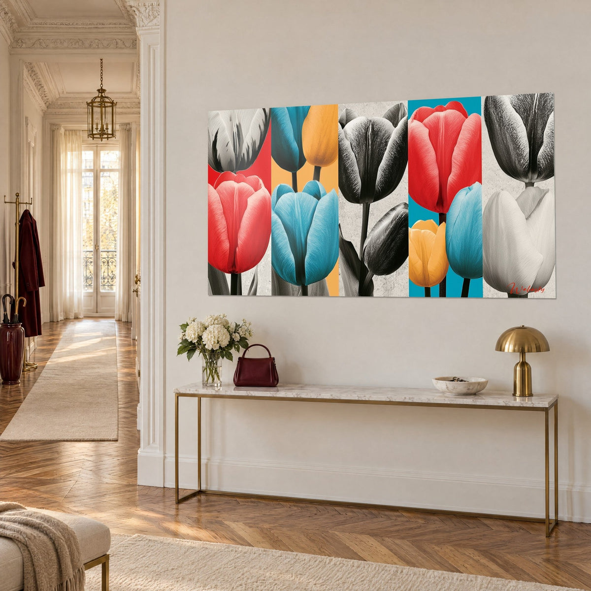 Wall art coral red tulip blooms alongside black and white in five stripes, three-quarter view on a cream wall