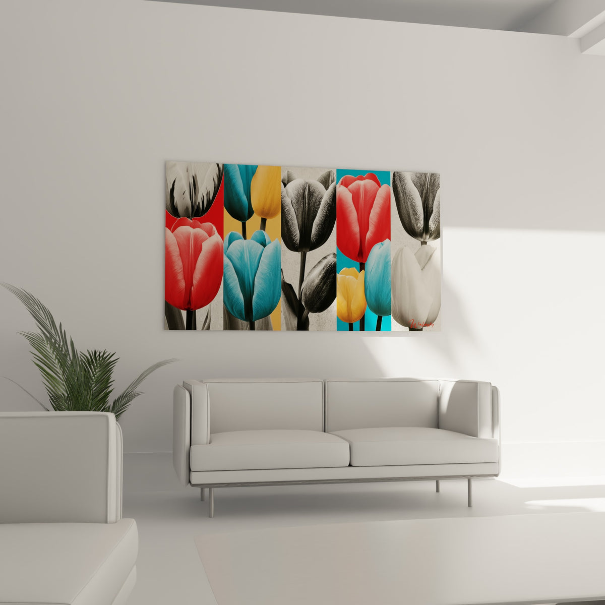 Tulipes en noir et blanc et rouge vif accrochées au-dessus d'un canapé dans un salon lumineux