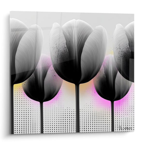 Tableau Tulipes noires et blanches aux tiges dégoulinantes - Trame pointillée rétroéclairée - Edition Tulipe