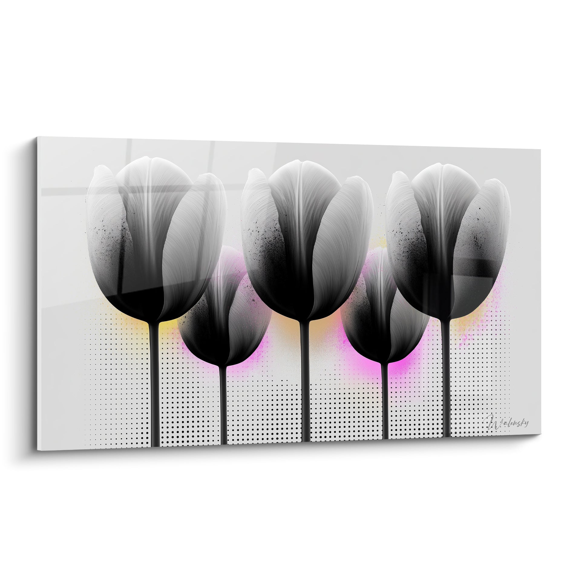 Cinq tulipes noires aux halos rose et doré, pétales graphiques sur fond gris pointillé