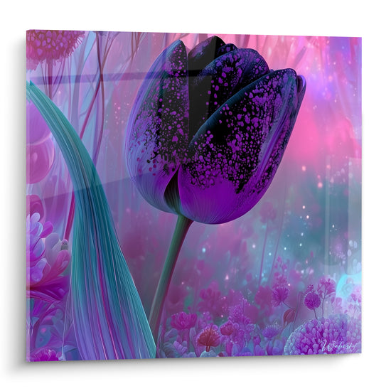 Tulipe noire mouchetée de violet et rose, fleur unique dans un jardin flouté et lumineux