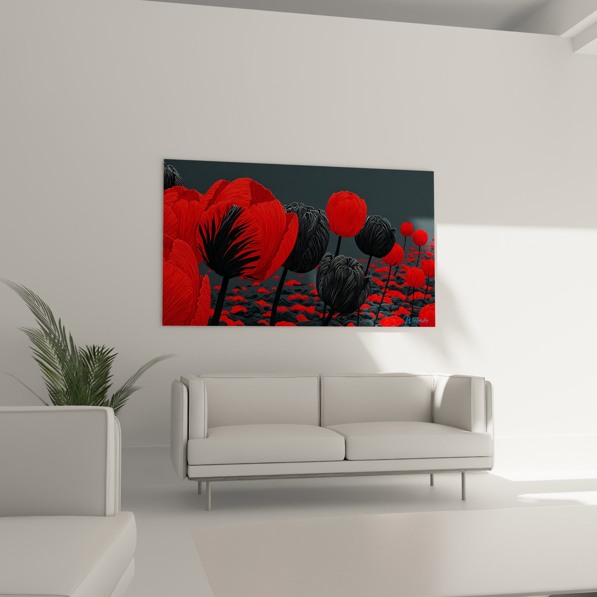 Tulipes noires et rouges en composition graphique surplombent un canapé dans un salon lumineux.