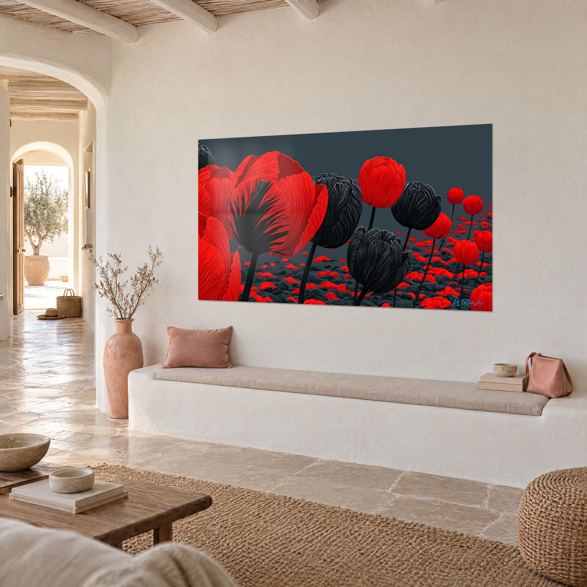 Schilderij met een dicht veld van rode en zwarte kelkbloemen met gegraveerde bloembladen, kalkmuur, stenen bank, mediterraans huis