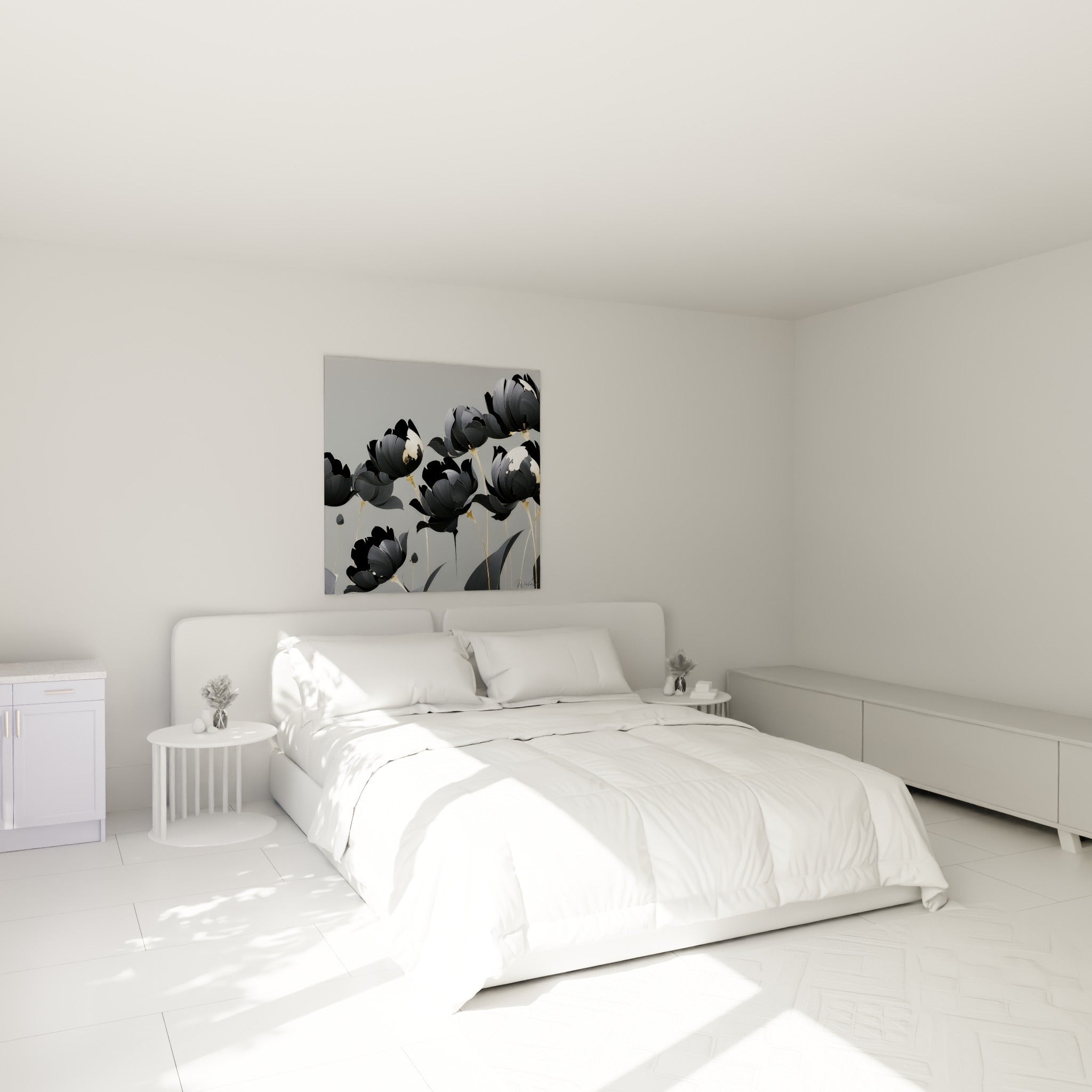 Bouquet de tulipes noires et dorées, pétales veinés de blanc, au-dessus d'un lit dans une chambre claire