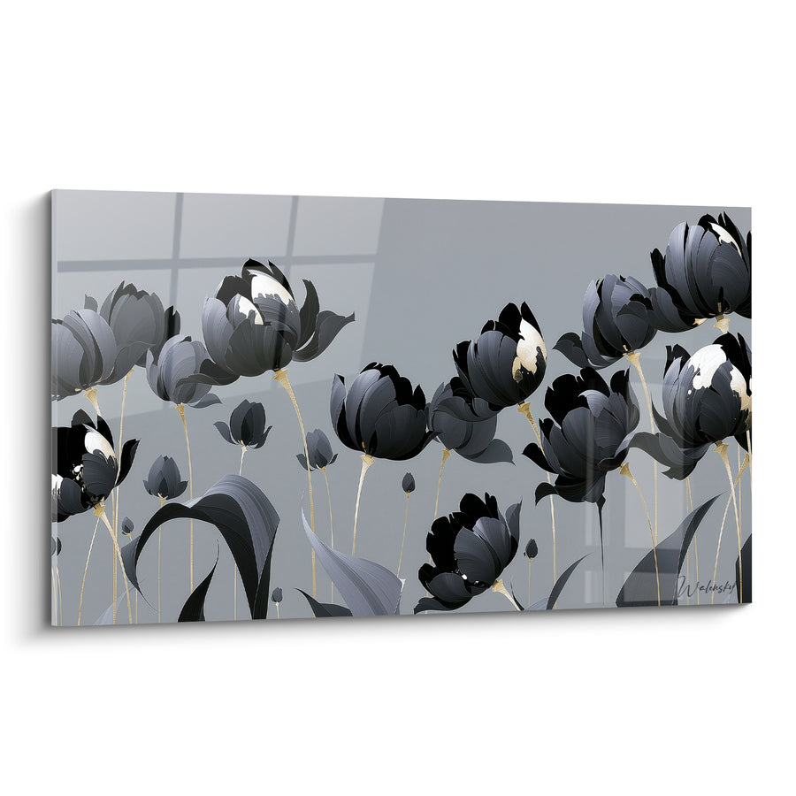 Tableau Tulipes noires et grises aux tiges dorées - Rangée ondulante de corolles - Edition Tulipe