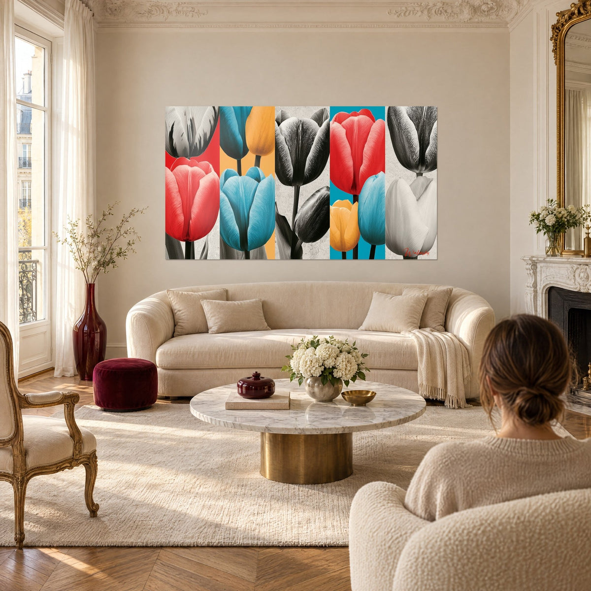 Wall art scarlet and turquoise tulips in vertical stripes, ribbed petals on an ochre background, above a sofa in a bright living room