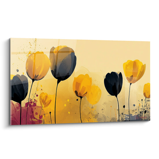 Tulipes ocre et anthracite en éclosion graphique sur fond jaune dégradé et éclaboussures picturales