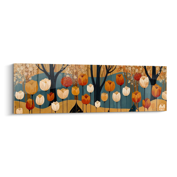Tableau Tulipes ocre et bleu canard sous arbres noirs - Clairière enchantée - Edition Tulipe