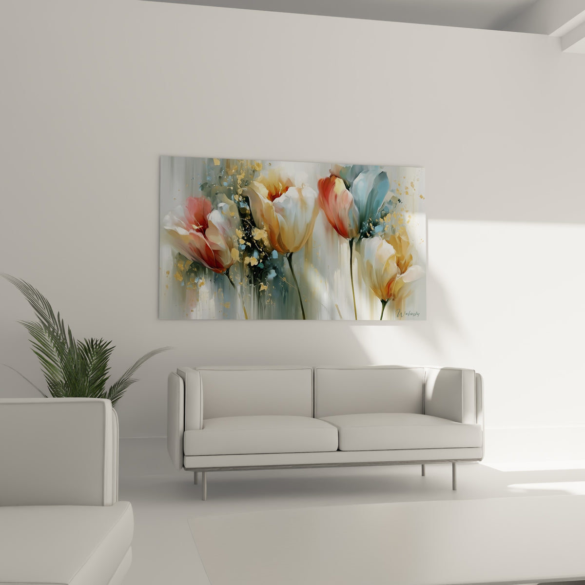 Pétales de tulipes corail et ocre doré disposés au-dessus d'un canapé dans un salon lumineux