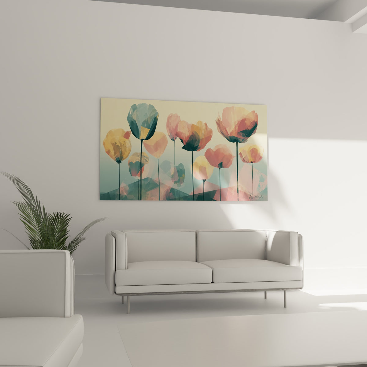 Tulipes facettées ocre et rose pâle, disposées au-dessus d'un canapé dans un salon lumineux
