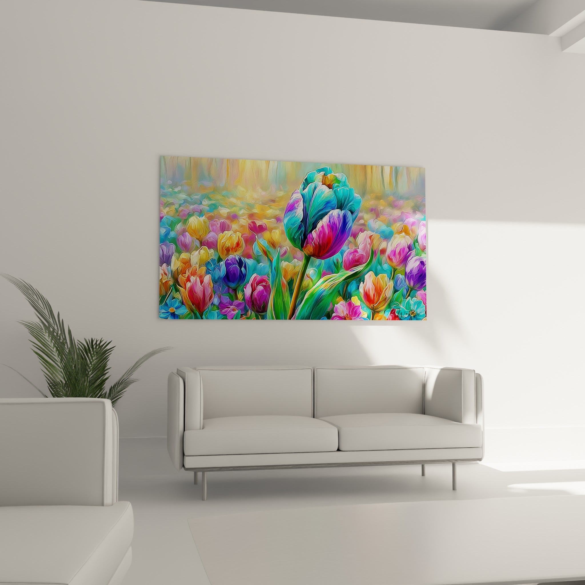 Bouquet de tulipes ocre et mauve peint avec empâtements, disposé au-dessus d'un canapé dans un salon lumineux