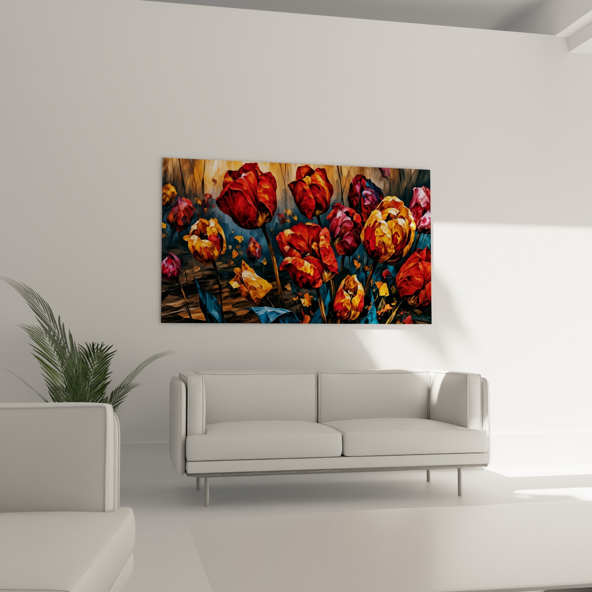 Fleurs de tulipe rouge et ocre accrochées au-dessus d'un canapé dans un salon lumineux