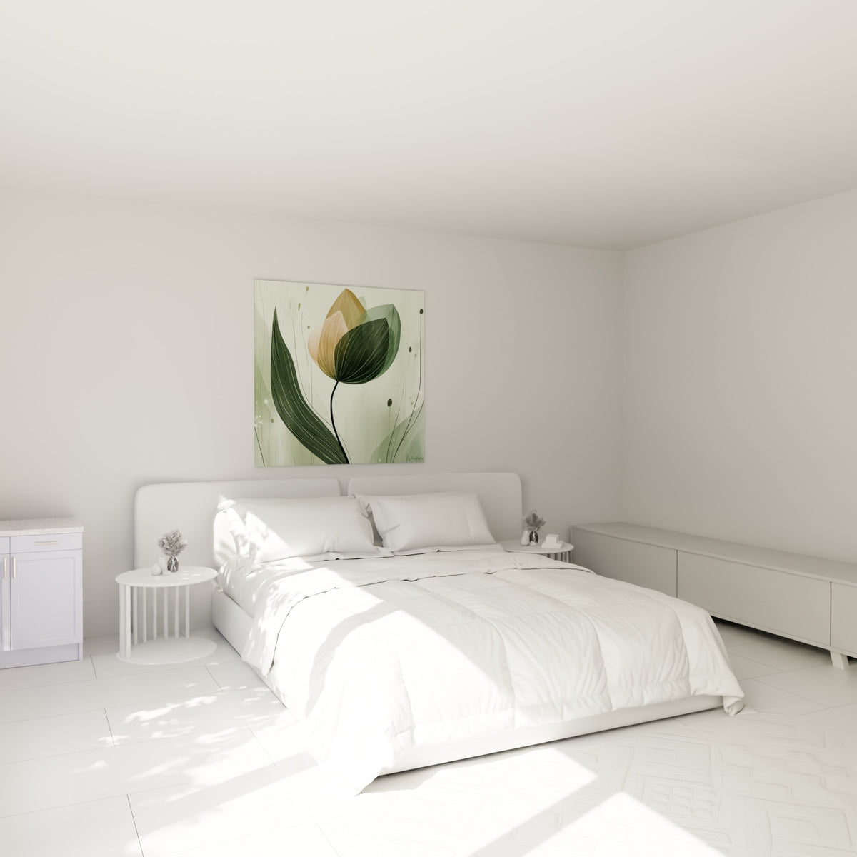 Fleur de tulipe ocre et vert profond, tige élancée, accrochée au-dessus d'un lit dans une chambre claire